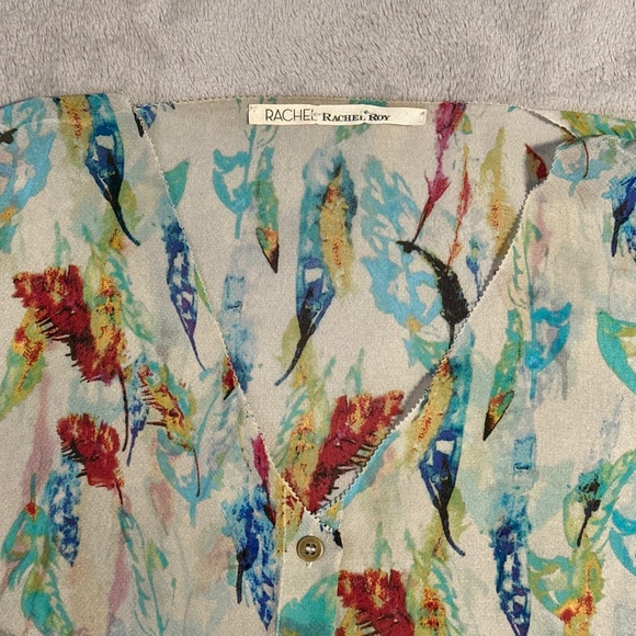 Sheer Oversized Feather Print Rachel Roy Blouse Medium Hi-Low hem Button-up Boho - Picture 3 of 9